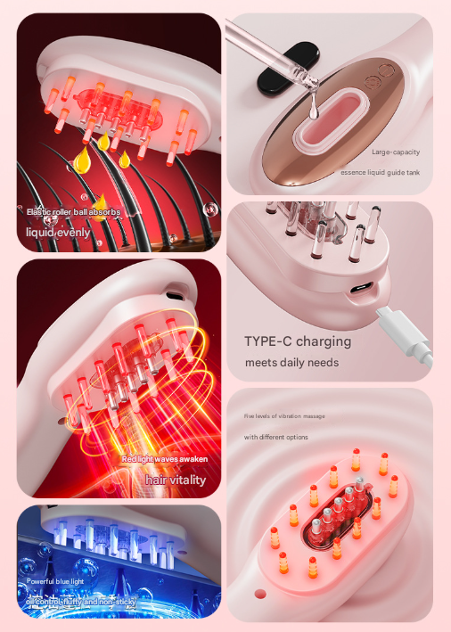 White Rechargeable Electric Scalp Massager with Red & Blue Light Therapy - Hair Oil & Serum Applicator Comb(Not containing essential oils)