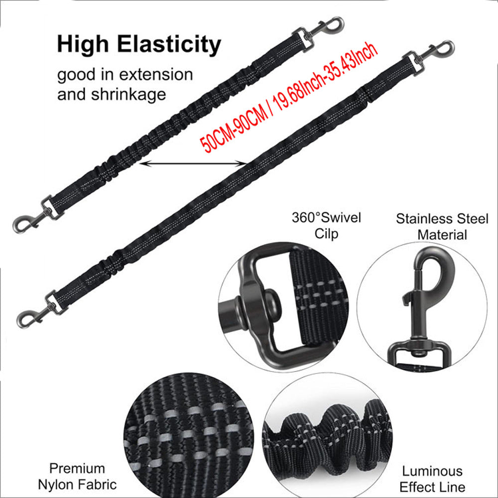 Black 3-in-1 Tangle-Free Dog Leash for 1-3 Dogs - Heavy Duty Bungee Coupler with Reflective Stitching & Padded Handle