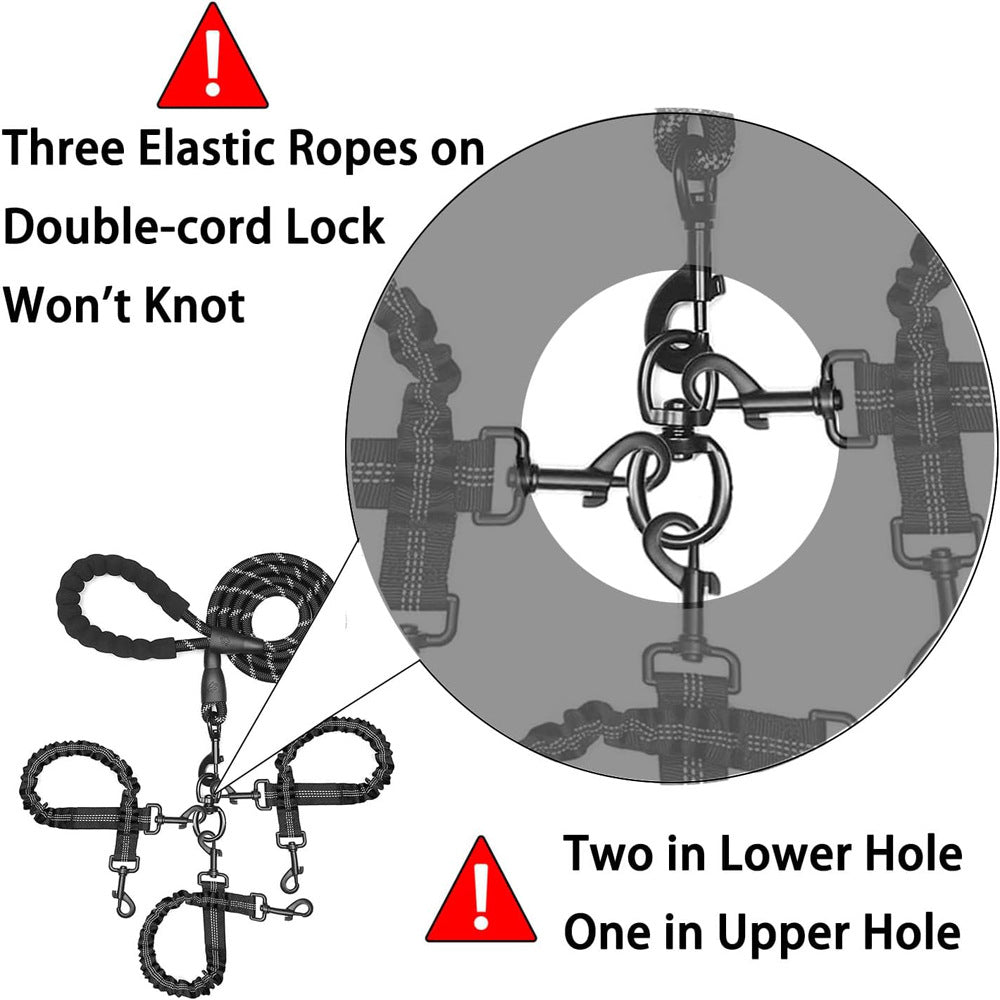 Grey 3-in-1 Tangle-Free Dog Leash for 1-3 Dogs - Heavy Duty Bungee Coupler with Reflective Stitching & Padded Handle