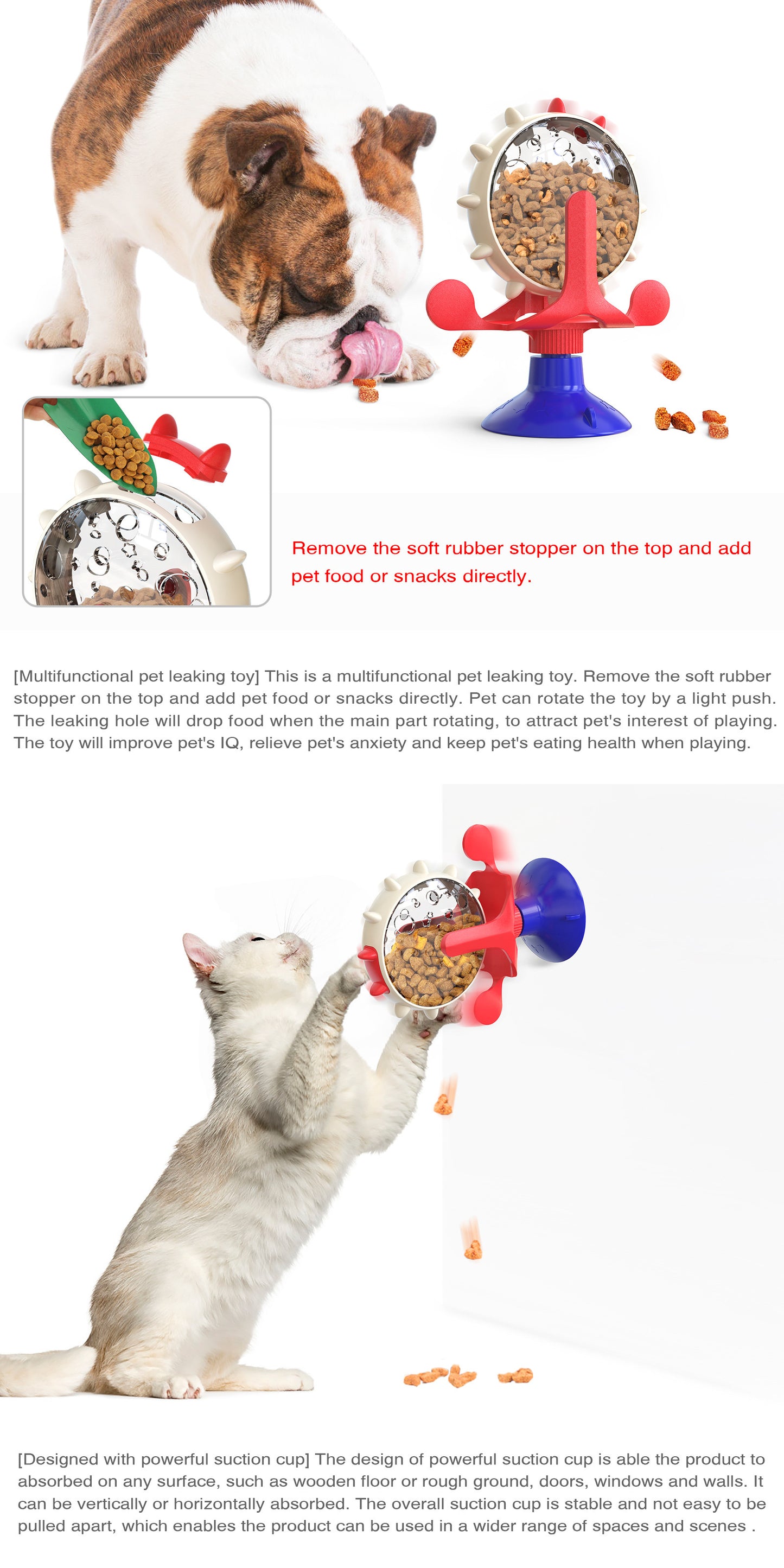 Blue Interactive Pet Treat Dispenser - Spinning Wheel Food Puzzle Toy for Cats & Dogs with Suction Cup Base