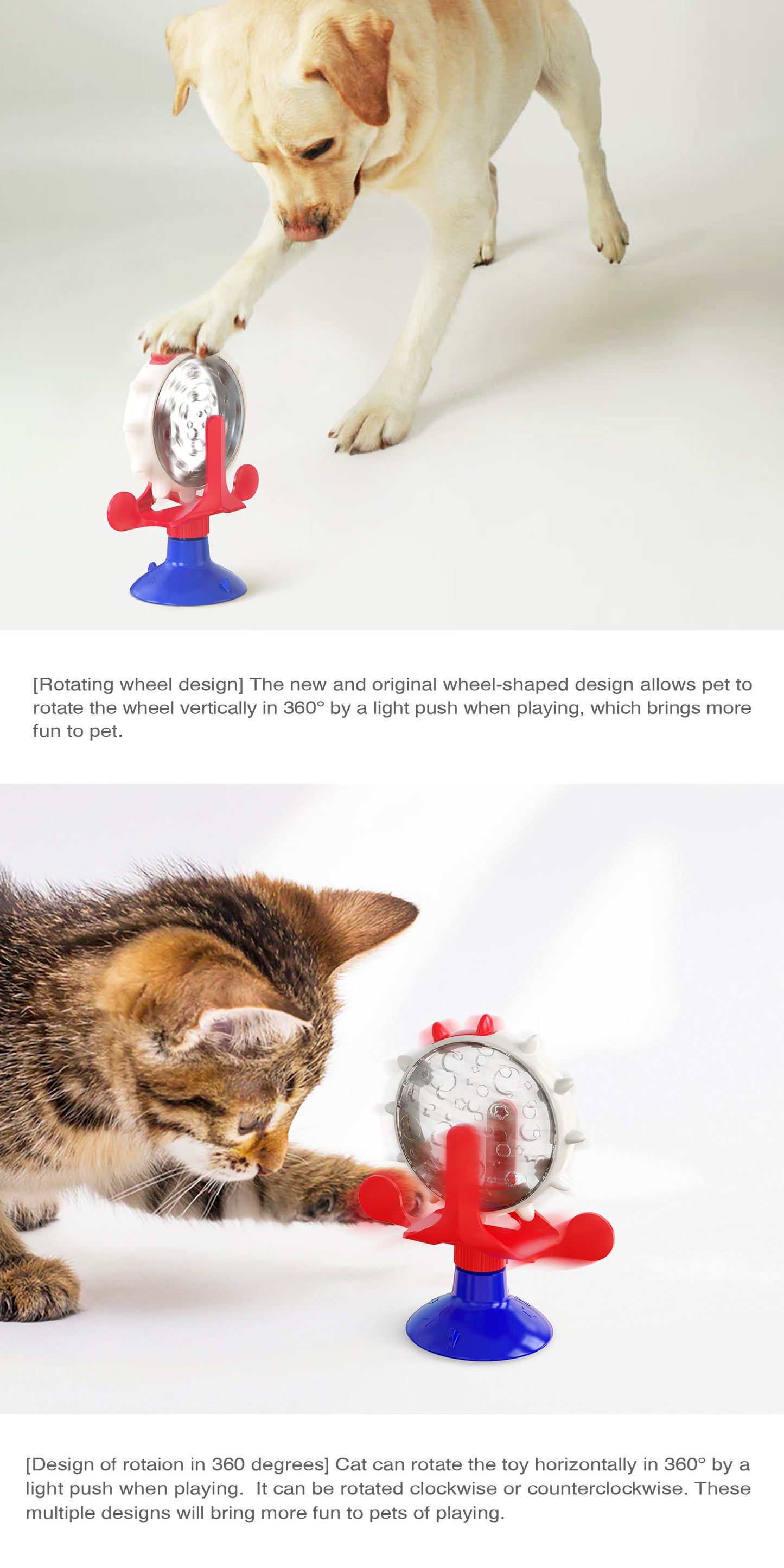 Red,Blue and White Interactive Pet Treat Dispenser - Spinning Wheel Food Puzzle Toy for Cats & Dogs with Suction Cup Base