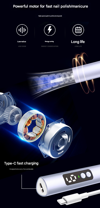 Purple Professional Electric Nail File Kit - Portable USB-C Rechargeable Manicure Drill with 6 Speeds & 5 Heads