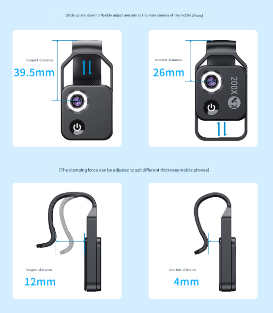Black Portable 200X Clip-On Microscope Lens for Smartphone - HD Pocket Magnifier with CPL Filter and LED Light(excluding mobile phones)