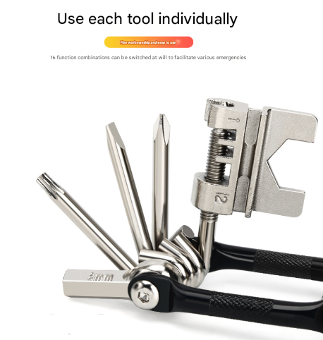 Black and Silver 16 in 1 Bicycle Repair Multi Tool - Compact Folding Bike Tool Kit with Chain Breaker for MTB Road Cycling
