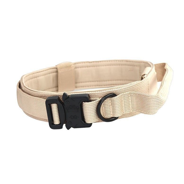 L Khaki Tactical Dog Collar - Heavy Duty Nylon Pet Collar for Medium & Large Dogs, Adjustable (3.8cm Width)