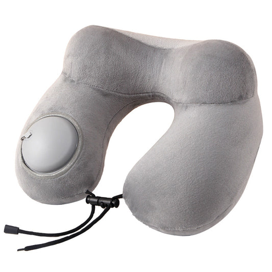 Grey Press-to-Inflate Travel Neck Pillow - Ergonomic U-Shaped Cushion for Airplane and Car