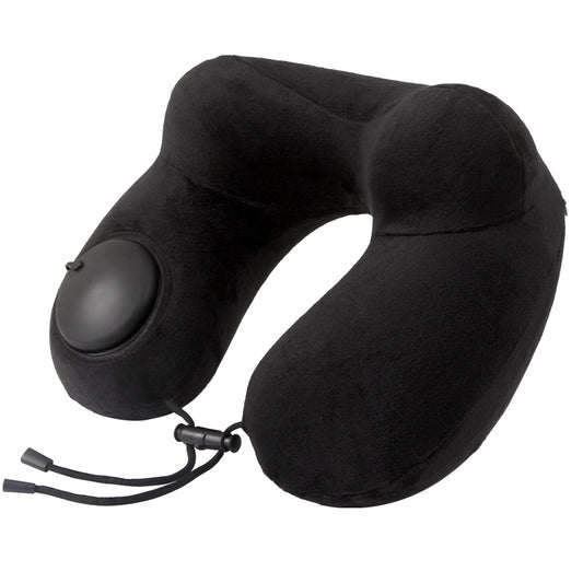 Black Press-to-Inflate Travel Neck Pillow - Ergonomic U-Shaped Cushion for Airplane and Car