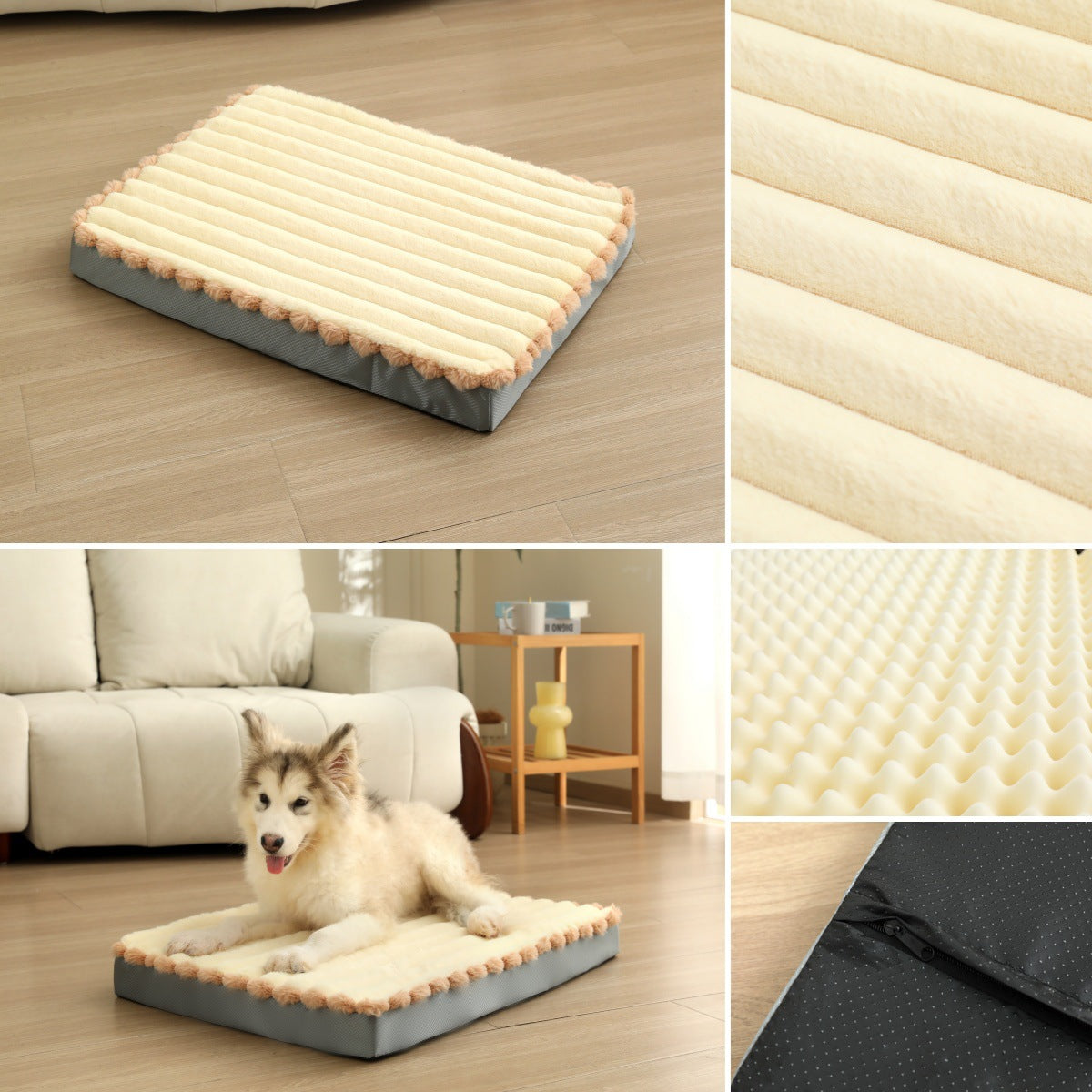 2-Piece Beige Sponge large pet bed - plush dog mat, detachable, washable, anti-slip base(50*40*8cm)