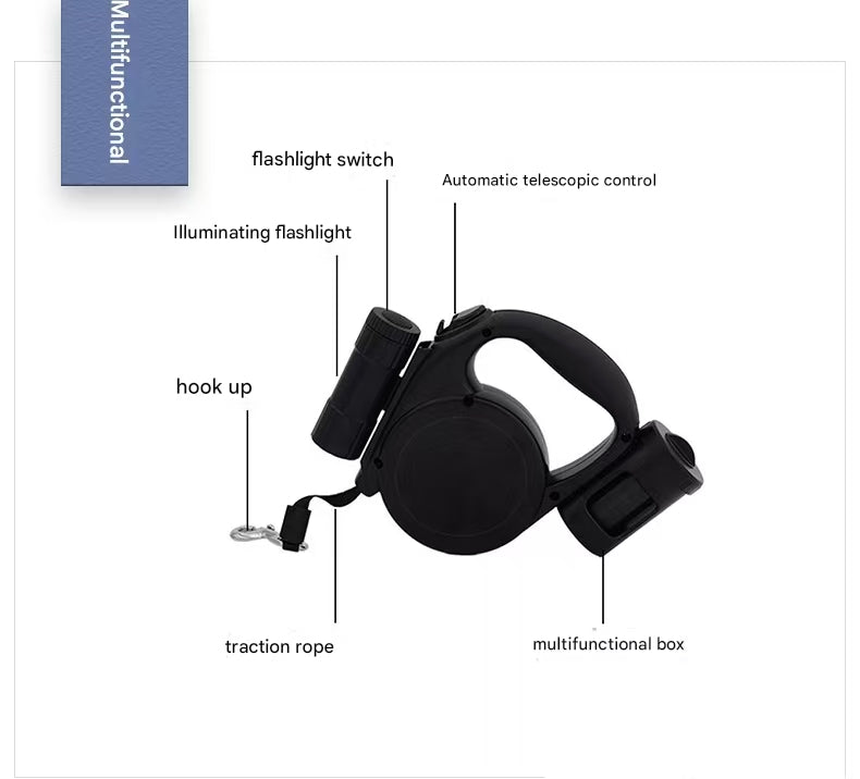 Red 3-in-1 Retractable Dog Leash with LED Flashlight & Poop Bag Dispenser | Heavy Duty Tangle-Free Leash for Safe Night Walks