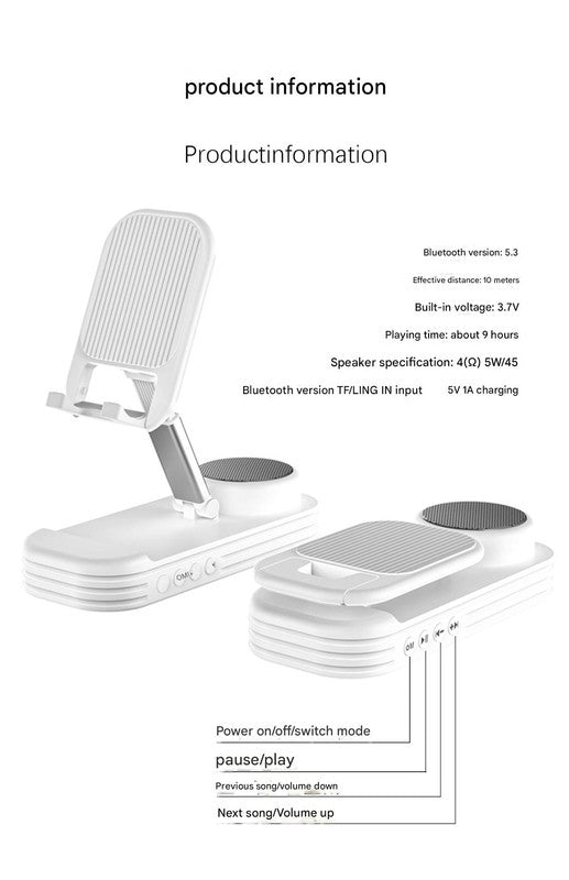Foldable Desktop Phone Stand with Bluetooth 5.3 Speaker - Adjustable Angle & Height, TF/Line-In(black)