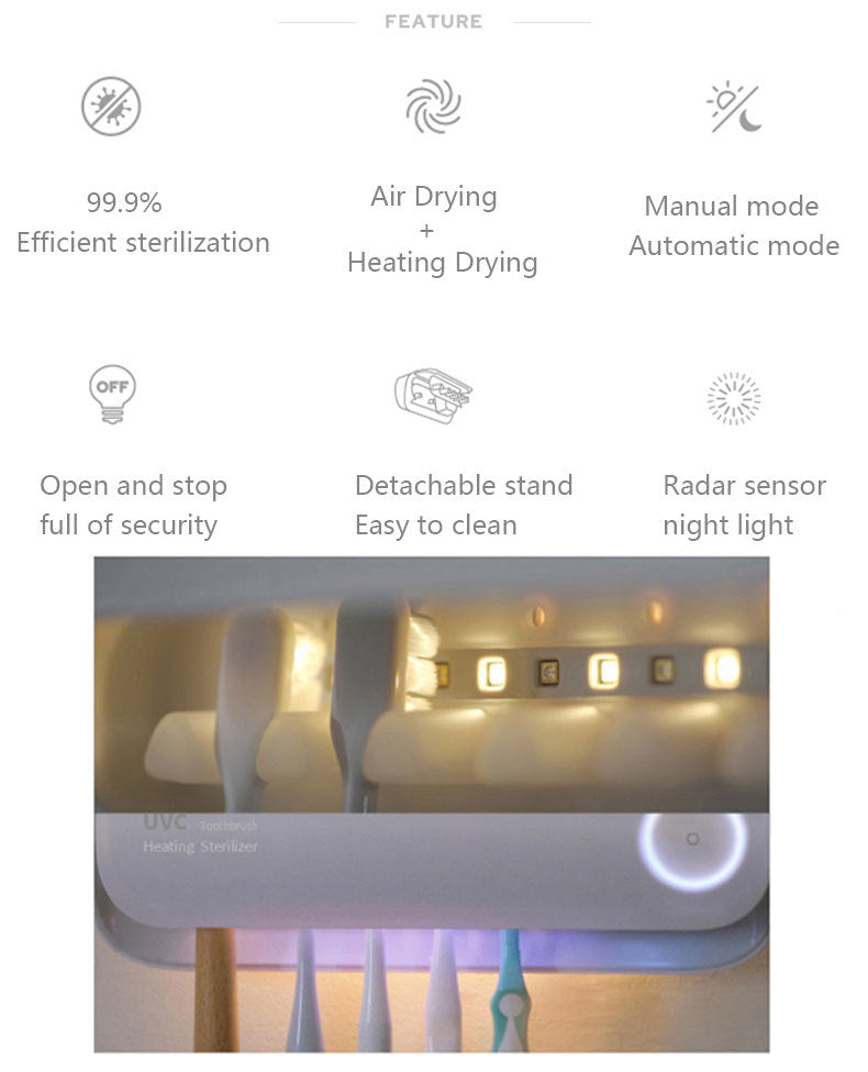 Smart UVC Toothbrush Sterilizer & Holder with Heat Drying, Radar Sensor Night Light(white)