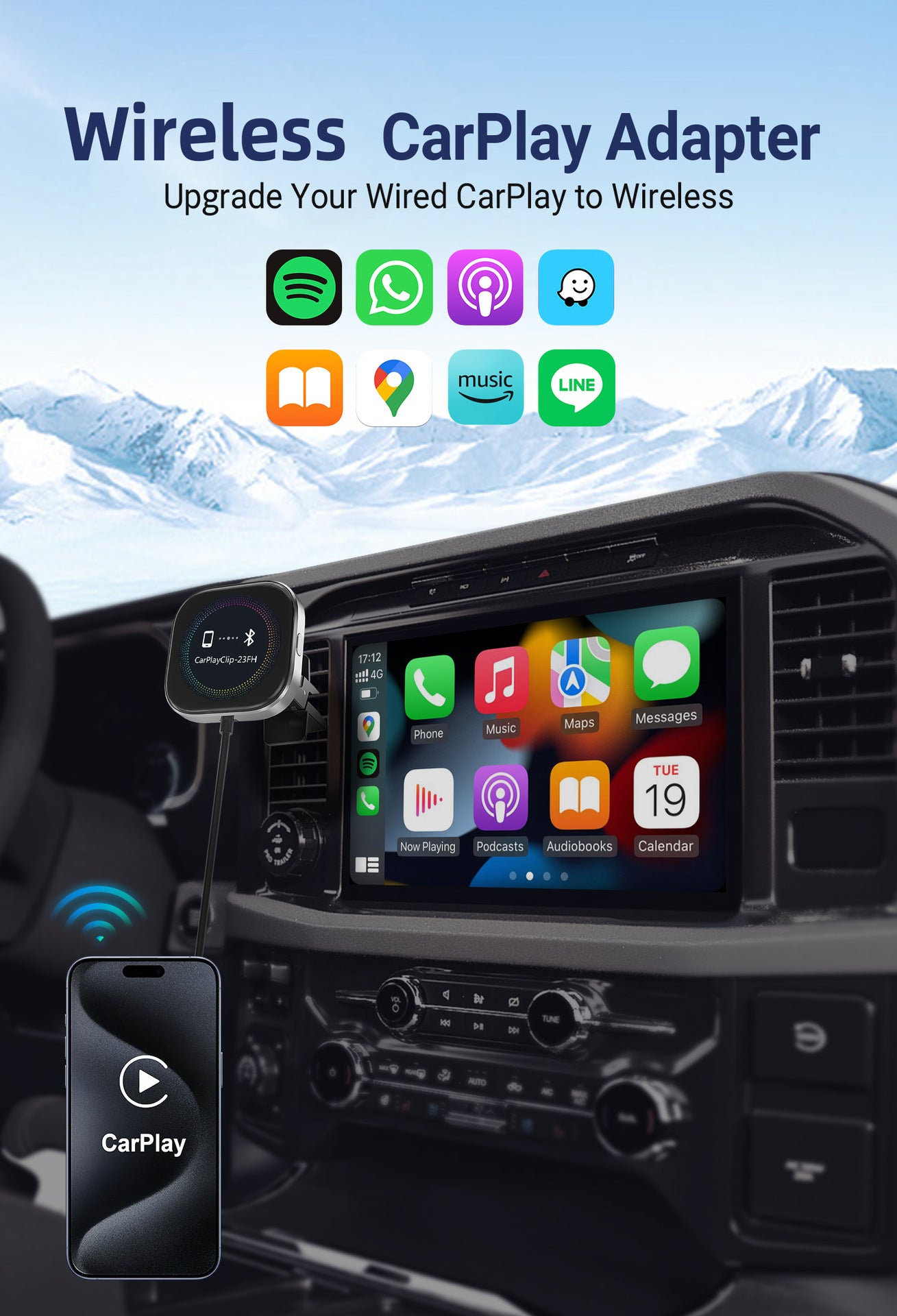 Wireless CarPlay Adapter with 1.6" Multi-Functional Screen, Car Diffuser & 360 Vent Clip(silver)