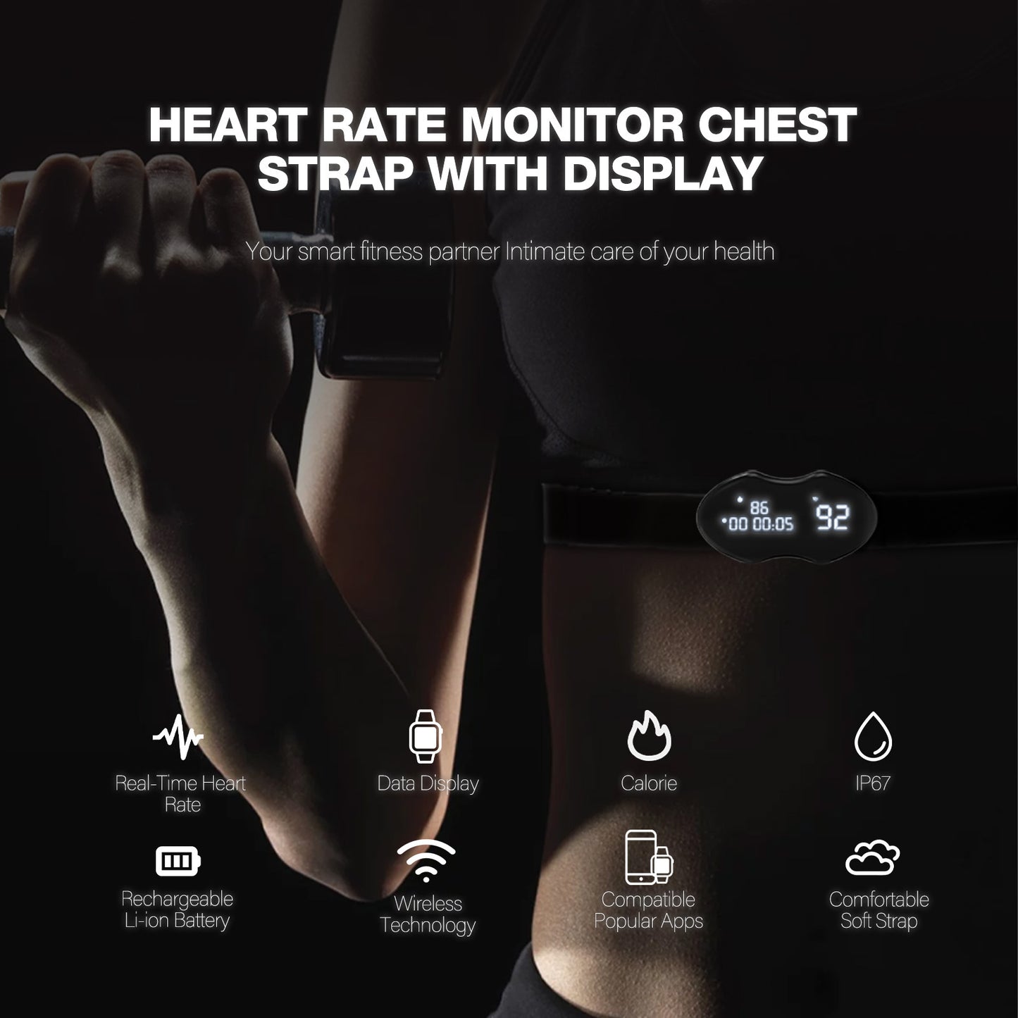 Smart Fitness Heart Rate Monitor Chest Strap with Data Display - IP67 Waterproof, Rechargeable, BLE & ANT+(black)