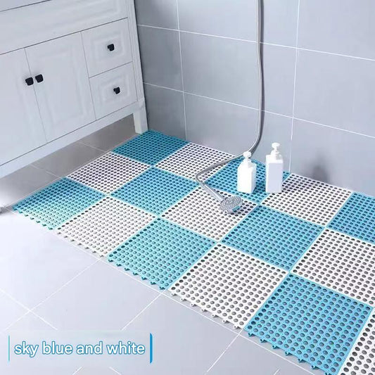 Sky Blue And White DIY Interlocking Non-Slip Floor Tiles - 18-Pack PVC Drainage Mat for Shower & Bathroom Safety