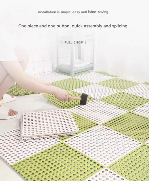 Grey And Green DIY Interlocking Non-Slip Floor Tiles - 18-Pack PVC Drainage Mat for Shower & Bathroom Safety
