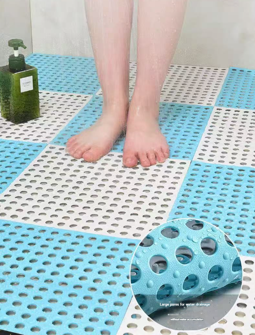 Sky Blue And White DIY Interlocking Non-Slip Floor Tiles - 12-Pack PVC Drainage Mat for Shower & Bathroom Safety