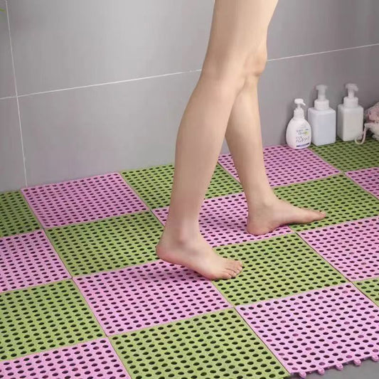 Green And Pink DIY Interlocking Non-Slip Floor Tiles - 12-Pack PVC Drainage Mat for Shower & Bathroom Safety