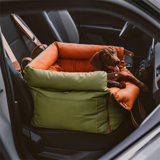 Green and Orange Premium Plush Pet Booster Car Seat - Portable Dog Travel Bed with Non-Slip Base