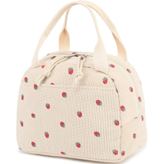 Beige Strawberry Pattern Corduroy Lunch Bag - Insulated Thermal Cooler Tote for School Work and Picnics