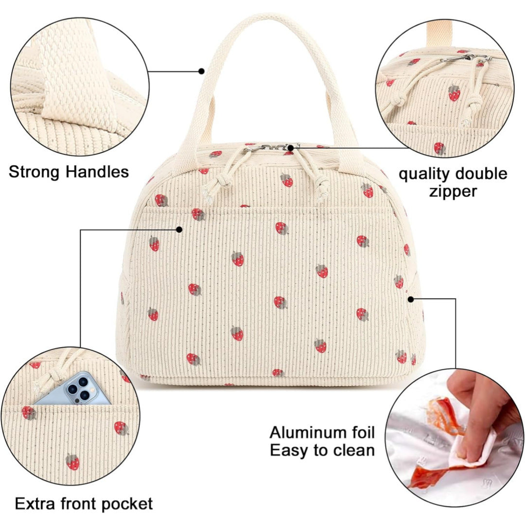 Beige Strawberry Pattern Corduroy Lunch Bag - Insulated Thermal Cooler Tote for School Work and Picnics