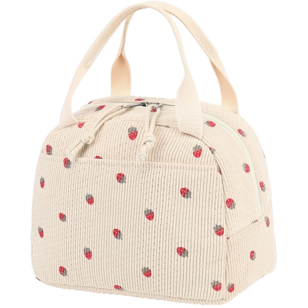Pink Strawberry Pattern Corduroy Lunch Bag - Insulated Thermal Cooler Tote for School Work and Picnics