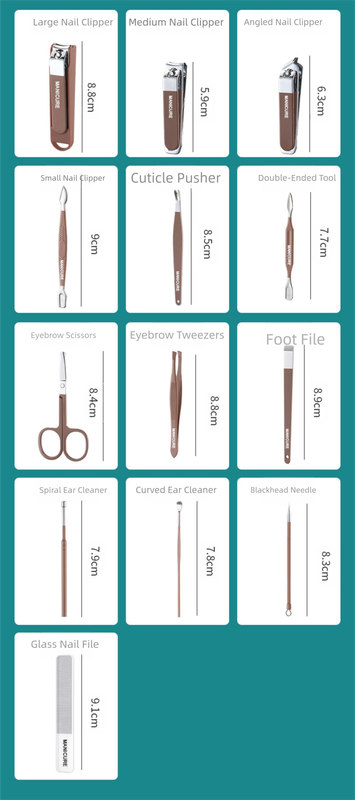 Brown Premium 13-in-1 Manicure & Grooming Kit - Professional Carbon Steel Pedicure Set with Dual-Drawer Case & Mirror