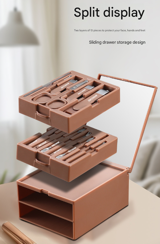 Pink Premium 13-in-1 Manicure & Grooming Kit - Professional Carbon Steel Pedicure Set with Dual-Drawer Case & Mirror