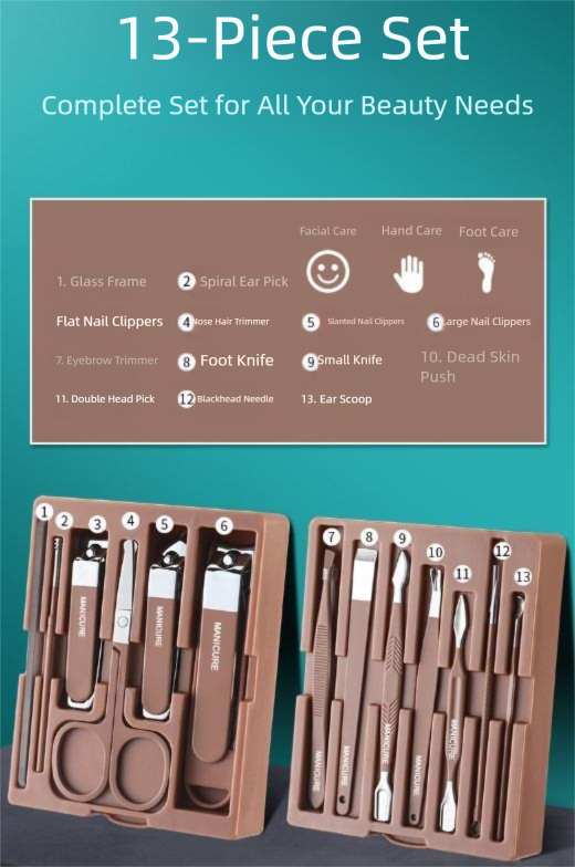 Green Premium 13-in-1 Manicure & Grooming Kit - Professional Carbon Steel Pedicure Set with Dual-Drawer Case & Mirror