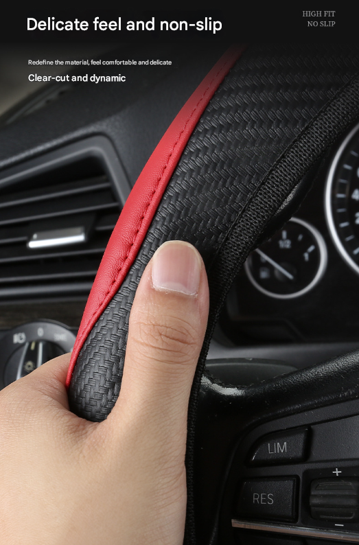 2-Pack (Type A + Type B) Red And Black Sporty Carbon Fiber Leather Steering Wheel Cover - Universal 38cm Easy-Fit Elastic Grip