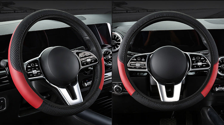 2-Pack (Type A + Type B) Beige And Black Sporty Carbon Fiber Leather Steering Wheel Cover - Universal 38cm Easy-Fit Elastic Grip