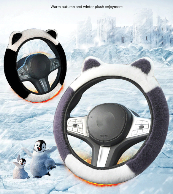 Pink Stitching Black Plush Cat Ear Steering Wheel Cover - Cute & Fuzzy Winter Grip, Universal 38cm Fit