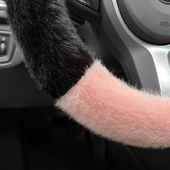 Pink Stitching White Plush Cat Ear Steering Wheel Cover - Cute & Fuzzy Winter Grip, Universal 38cm Fit