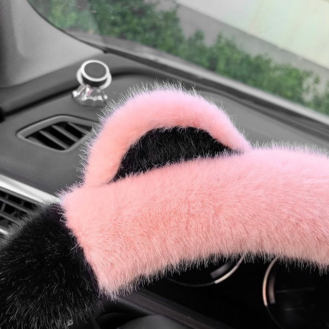 Blue Plush Cat Ear Steering Wheel Cover - Cute & Fuzzy Winter Grip, Universal 38cm Fit