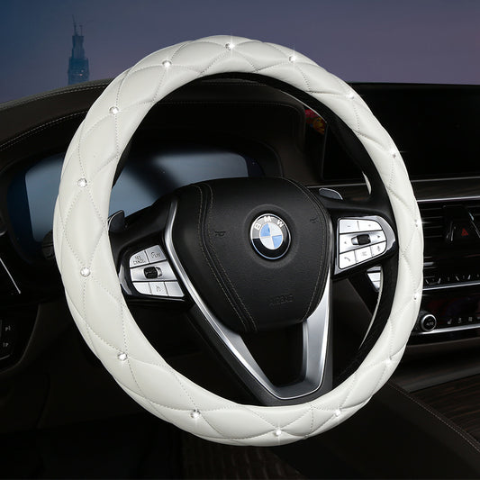 White Luxury Bling Steering Wheel Cover - Black Quilted Leather with Crystal Rhinestones, Universal 38cm Fit