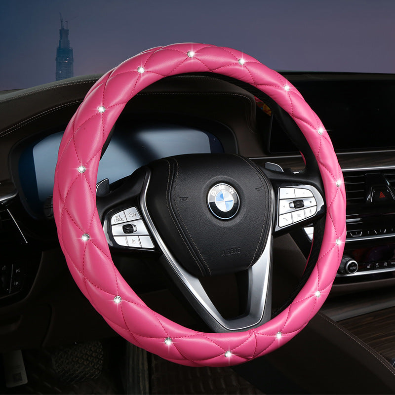 Rose Red Luxury Bling Steering Wheel Cover - Black Quilted Leather with Crystal Rhinestones, Universal 38cm Fit