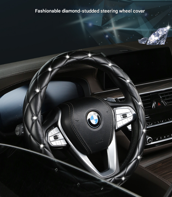 Black and White Luxury Bling Steering Wheel Cover - Black Quilted Leather with Crystal Rhinestones, Universal 38cm Fit