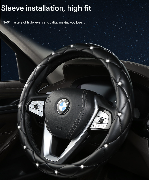 Black and White Luxury Bling Steering Wheel Cover - Black Quilted Leather with Crystal Rhinestones, Universal 38cm Fit