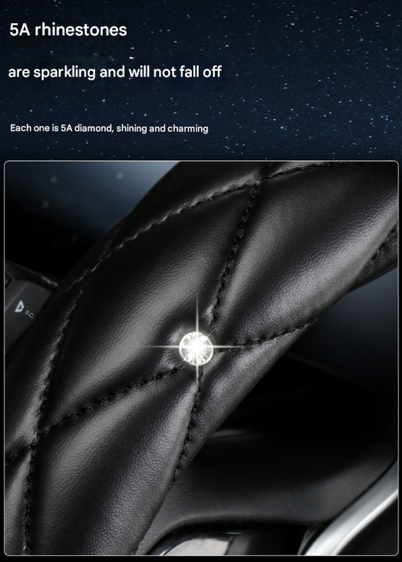 Black and Red Luxury Bling Steering Wheel Cover - Black Quilted Leather with Crystal Rhinestones, Universal 38cm Fit