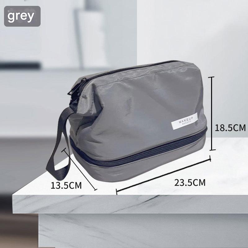 Grey Chic Dual-Compartment Makeup & Toiletry Bag - Large Capacity Travel Organizer with Brush Holder