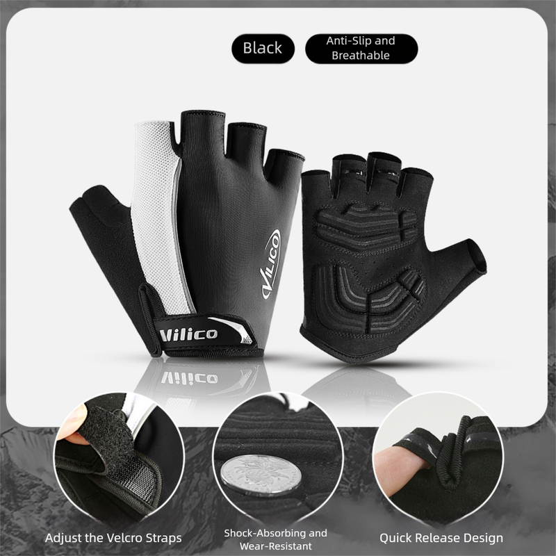 Size XL Black Padded Half-Finger Cycling Gloves - Breathable Shock-Absorbing Workout Gloves for Gym & Fitness