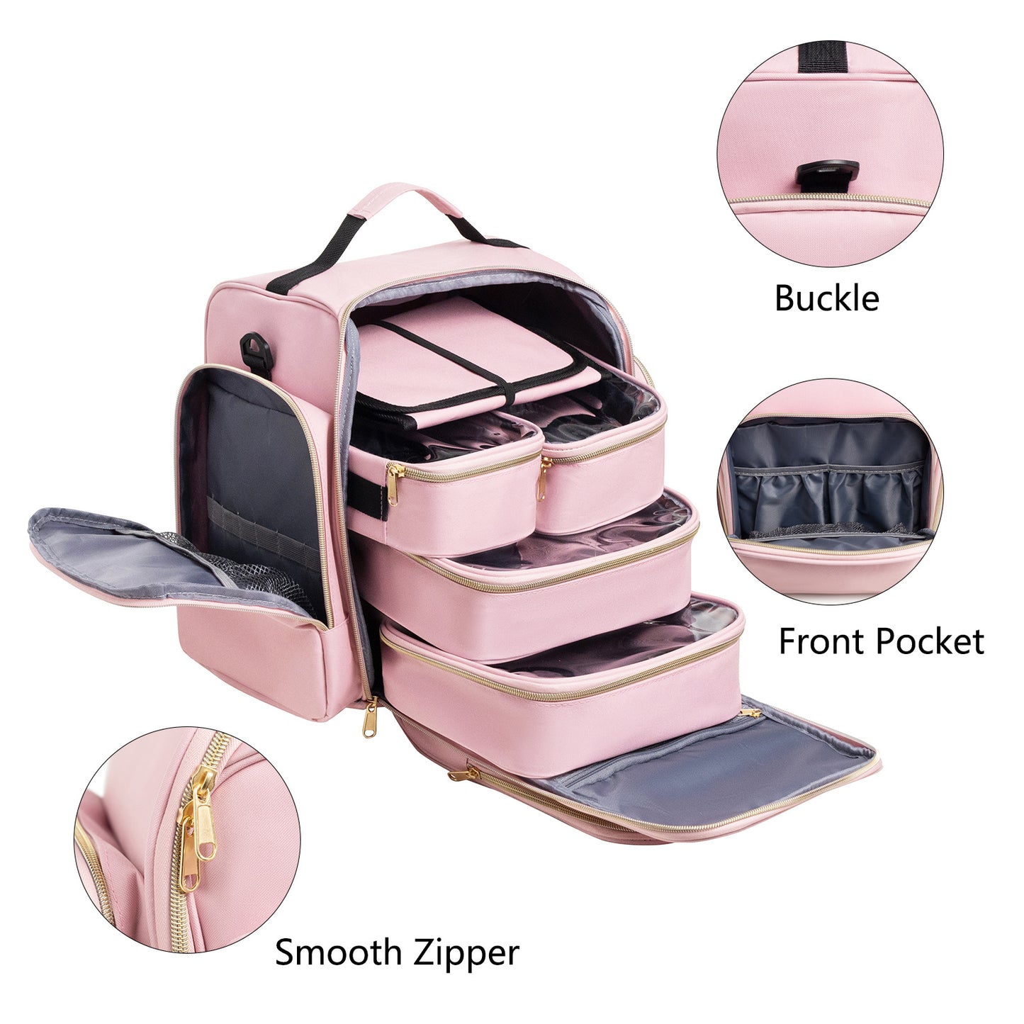 Large Capacity Travel Makeup Backpack with 5 Removable Organizer Cases & Jewelry Roll(pink)