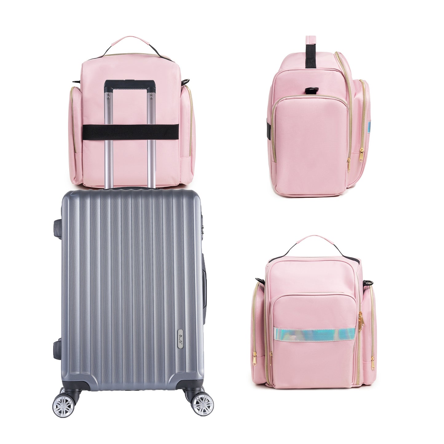 Large Capacity Travel Makeup Backpack with 5 Removable Organizer Cases & Jewelry Roll(pink)